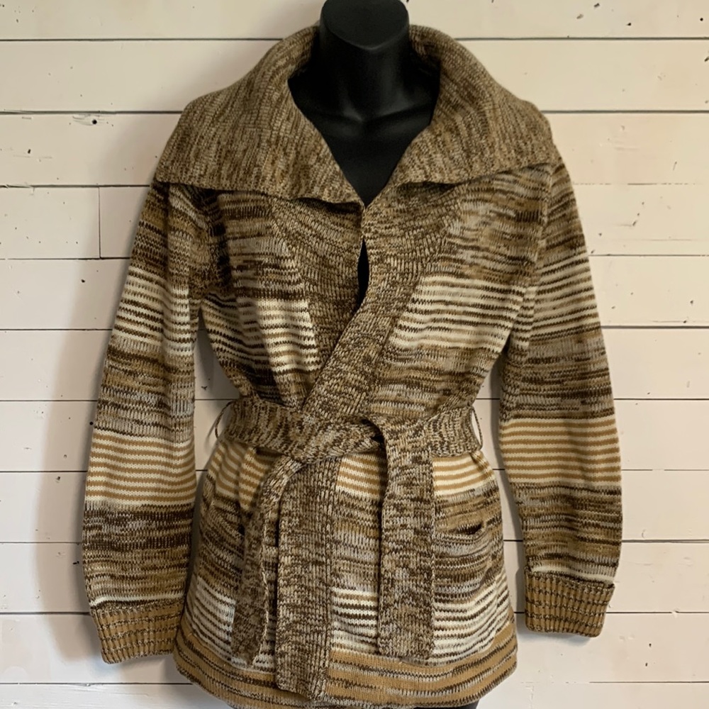 VTG 70s Marled Space Dye Brown Open Cardigan Sweater Large Collar Tie Sash Belt